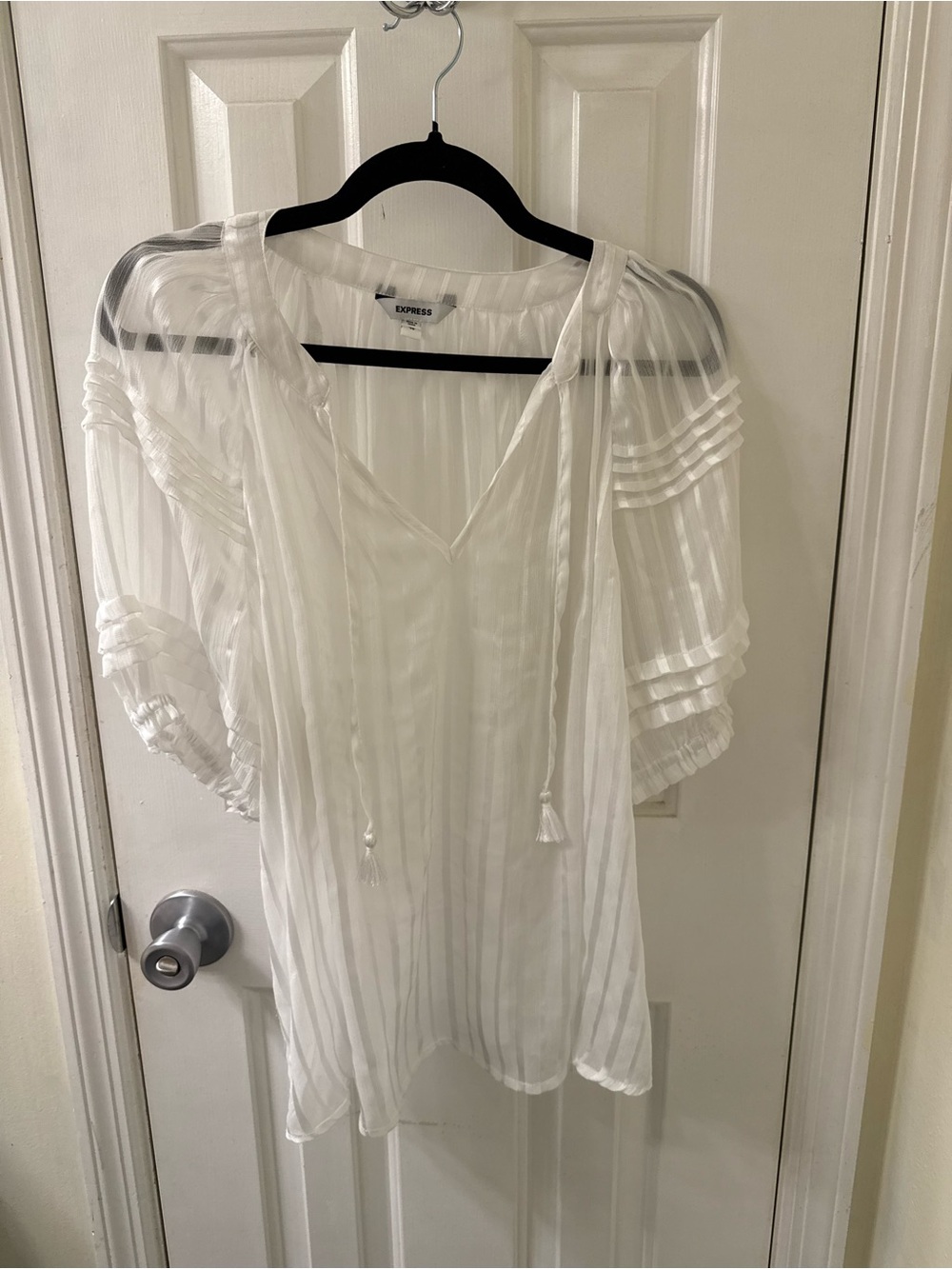 Express Sheer White V-Neck Peasant Blouse with Tassel Ties
